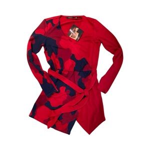 Iman XS Faux Wrap Blouse Peplum Style Tie Waist Red Blue Pink